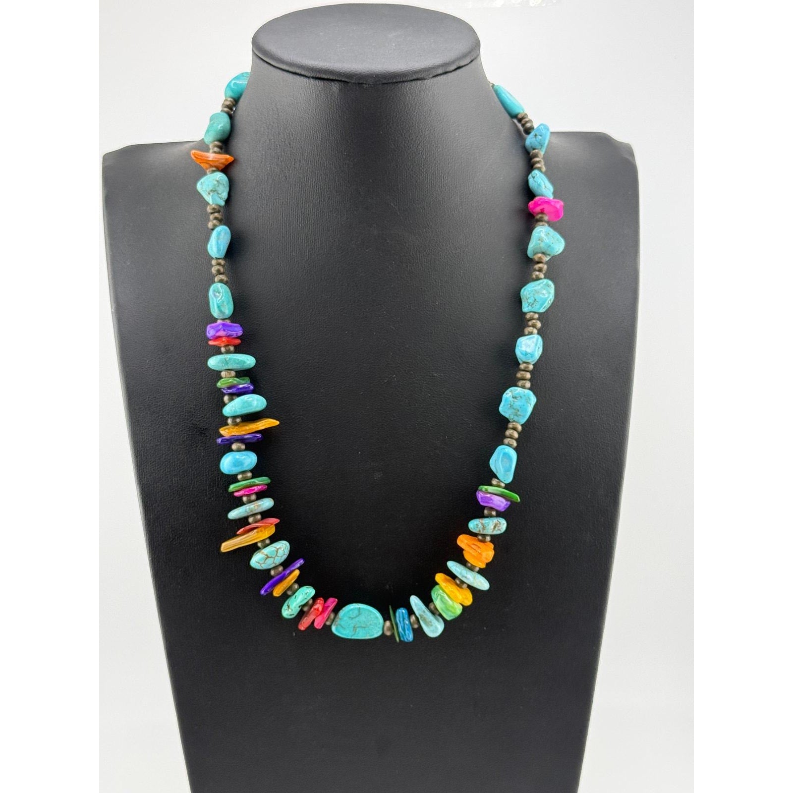 Native American Turquoise Magnesite Necklace Color Infused Seashells