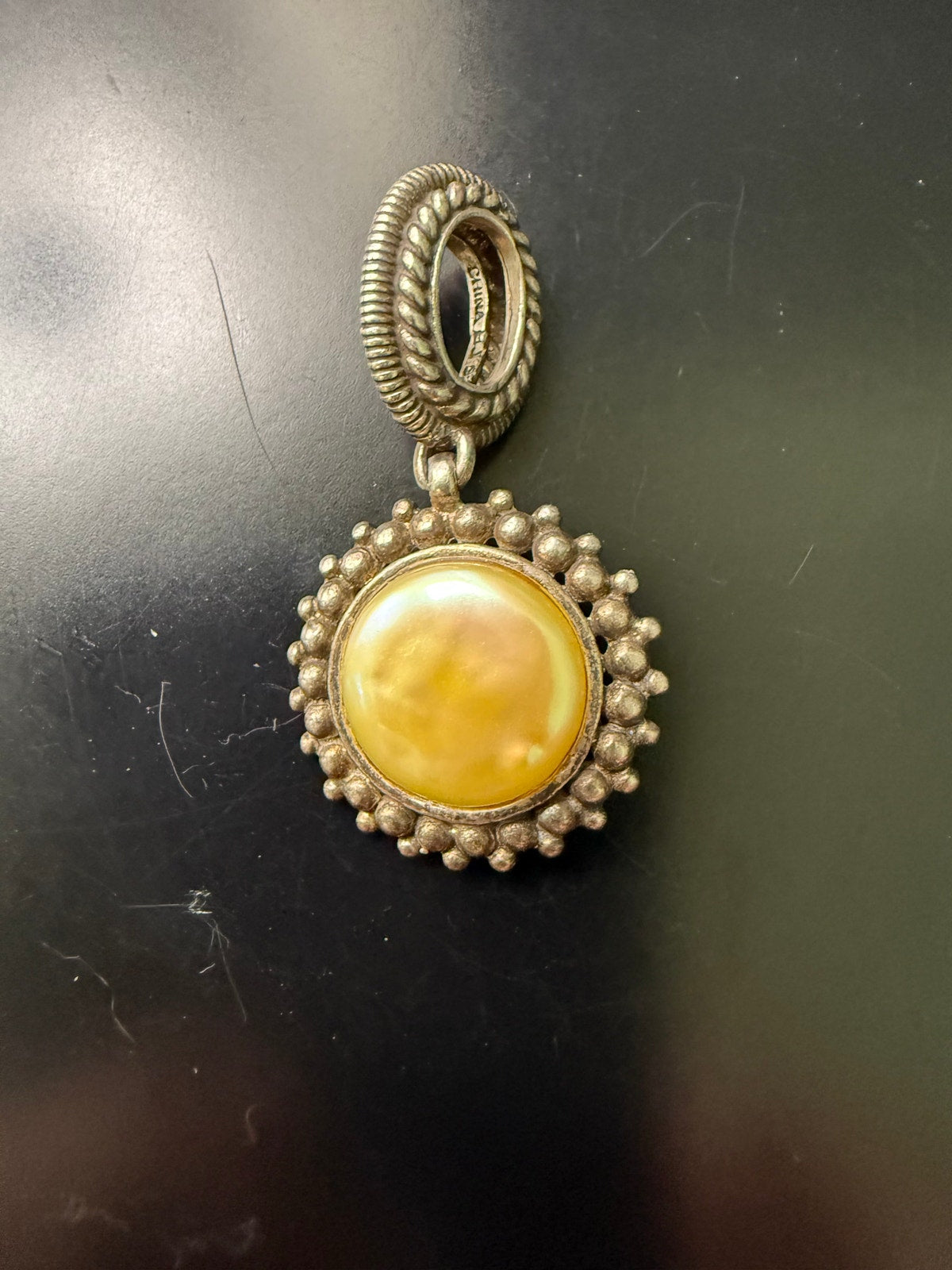 Vintage BJ Sterling Silver Yelllow Mabe Pearl Ornate Pendant