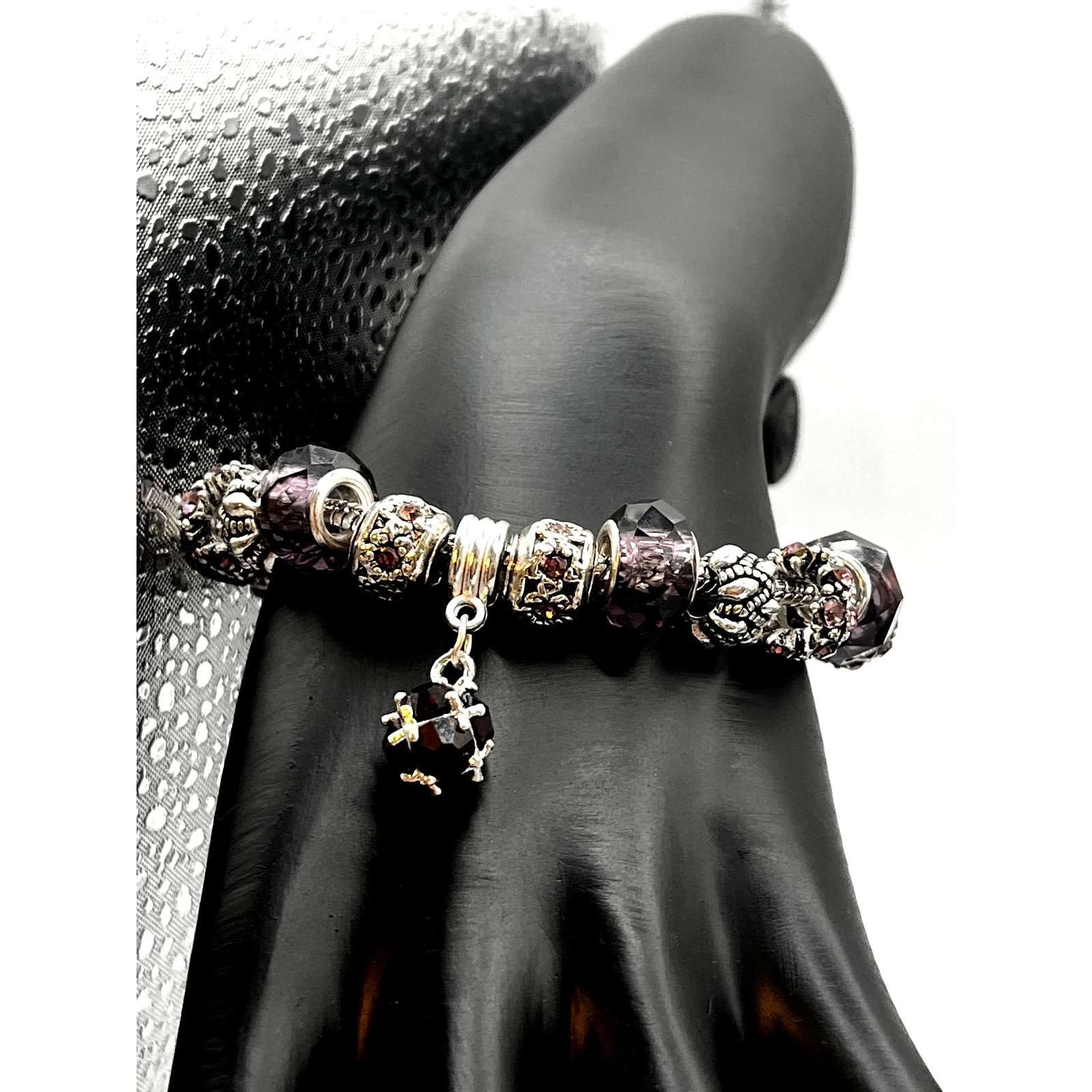 Vintage Silver Plated Pink/Purple Swarovski Crystal Charm Bracelet