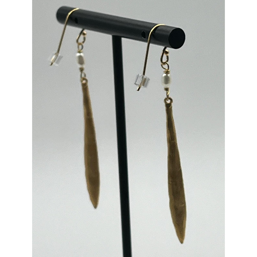 Michael Michaud Leaf & Bud Long Pearl Drop Wire Earrings