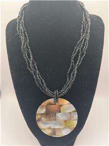 Vintage Multi-Strand beaded Necklace with Mother of Pearl Pendant