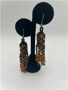 Vintage Woven Beaded Drop Earrings in Gold and Black