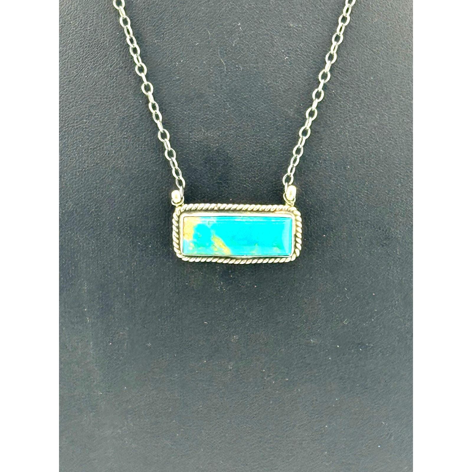 Navajo Donovan Skeets Sterling Silver Kingman Turquoise Bar Pendant Necklace