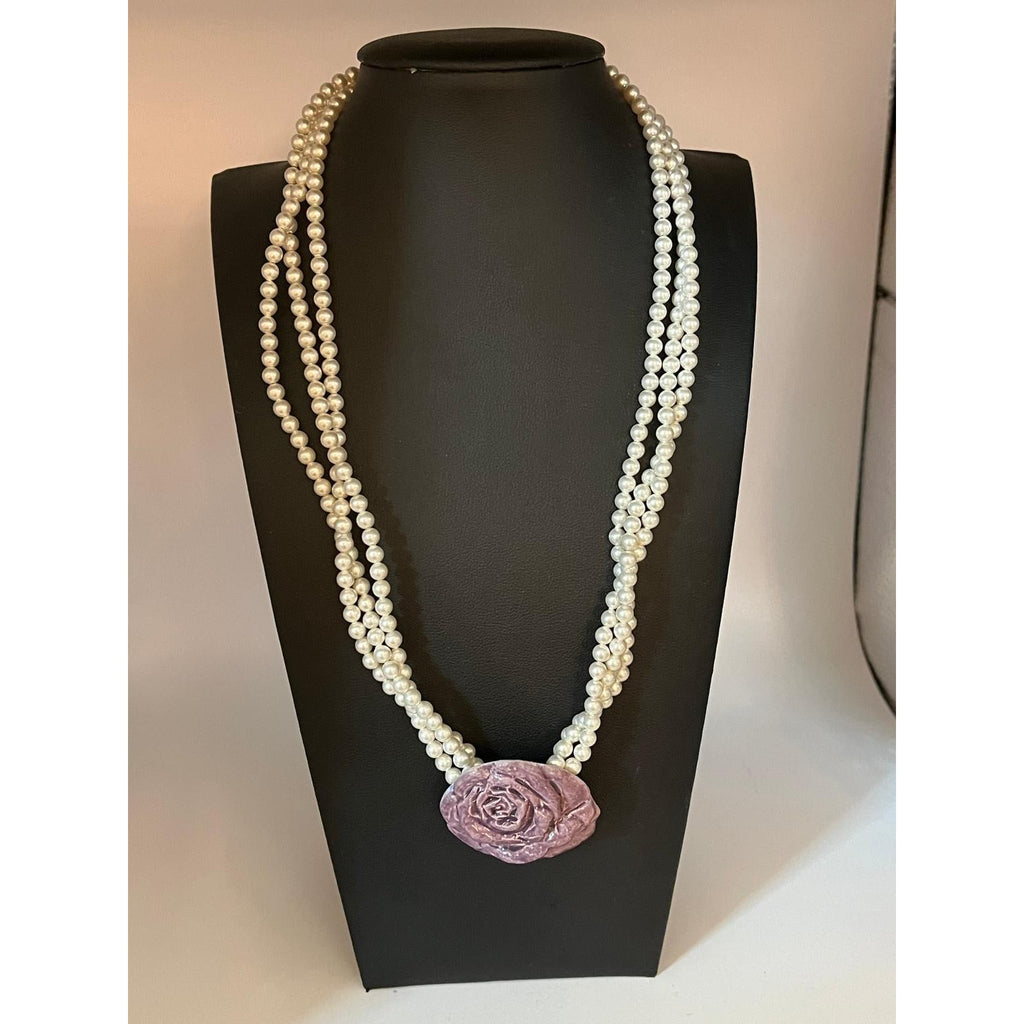 Faux Pearls & purple ceramic rose necklace sterling 18"