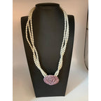 Faux Pearls & purple ceramic rose necklace sterling 18"