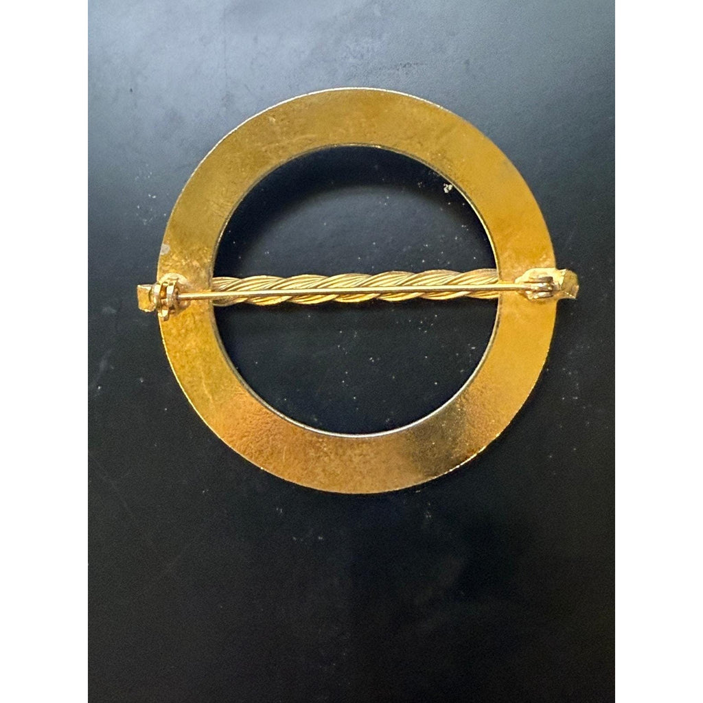 Vintage Pink Enameled Gold Tone Circular Art Deco Brooch