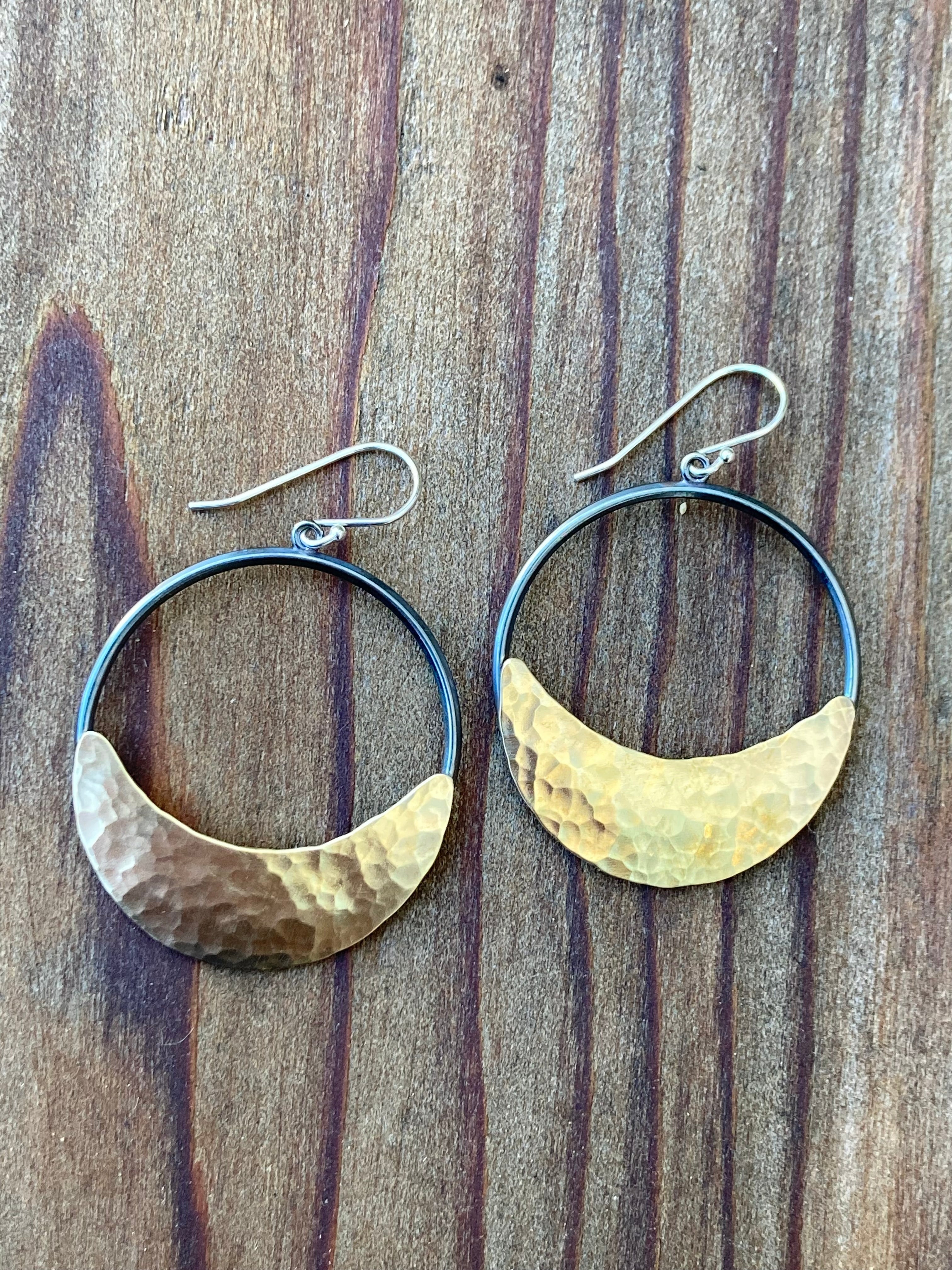 Alison Morse Crescent Moon Hoop Earrings in Oxidized Silver and Brass | Moon Phase Earrings