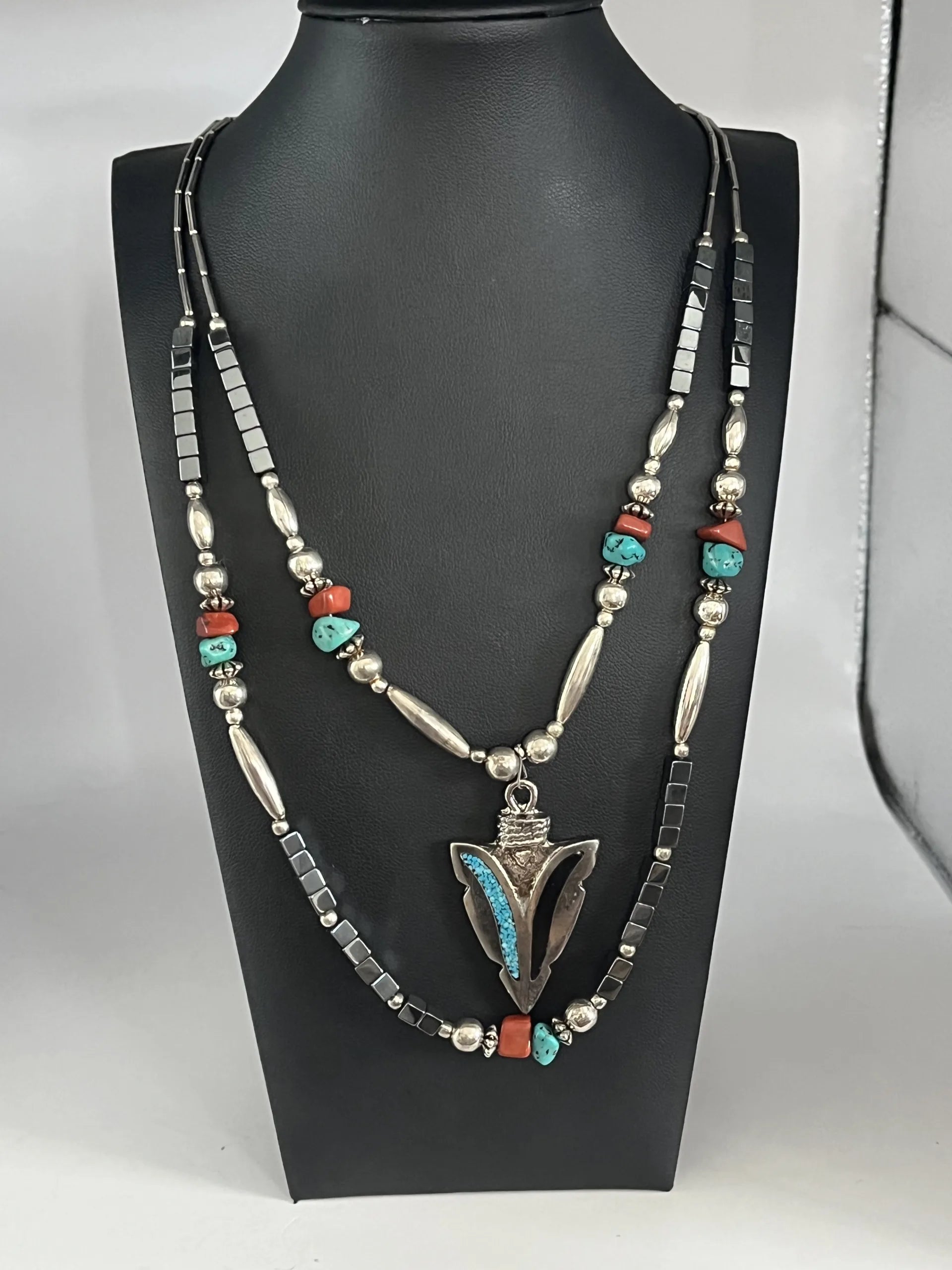 Vintage Turquoise Coral Silver Plated Double Strand Arrow Necklace