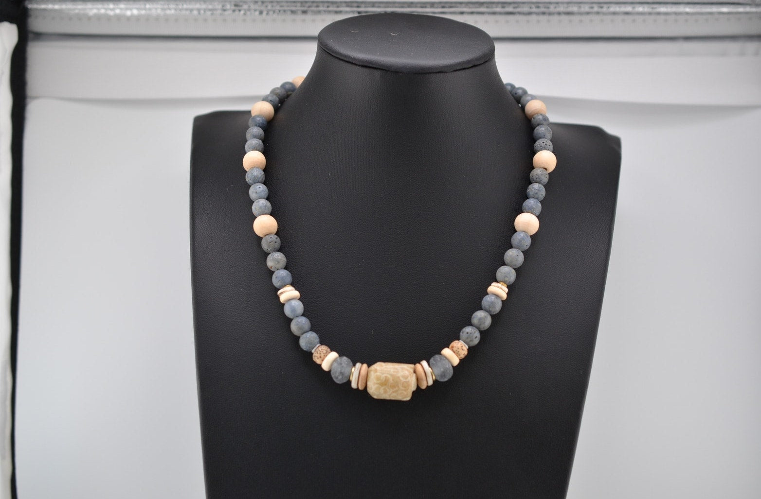 Native American Handmade Sea Coral, Jade-Driftwood-Wooden-Glass Beads 18" Necklace