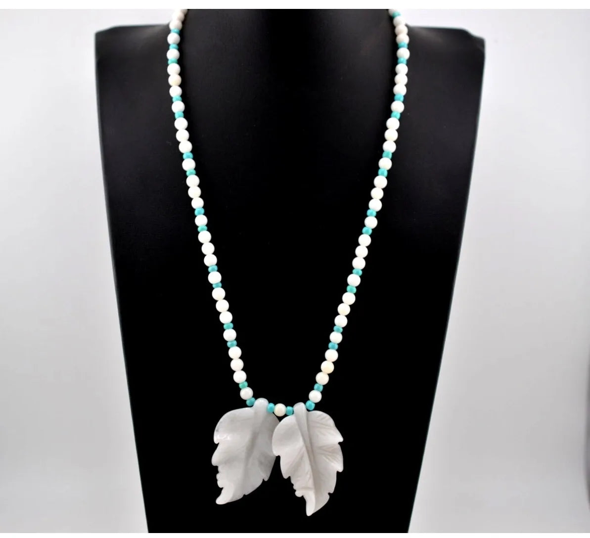 Navajo Mary W Roanhorse Handmade Necklace, Hand Carved White Onyx Leaves
