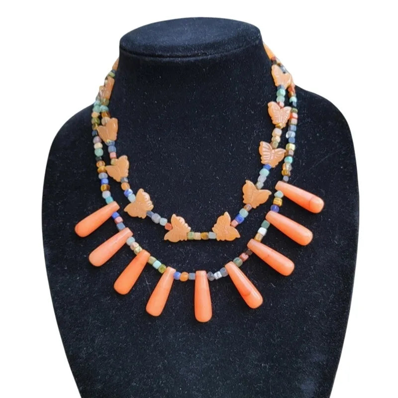 Navajo Mary W. Roanhorse Carved Brown Agate and Glass Necklace