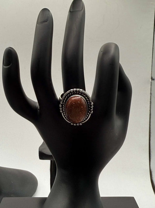 German Silver Red Sun Stone Statement Ring, Size 9
