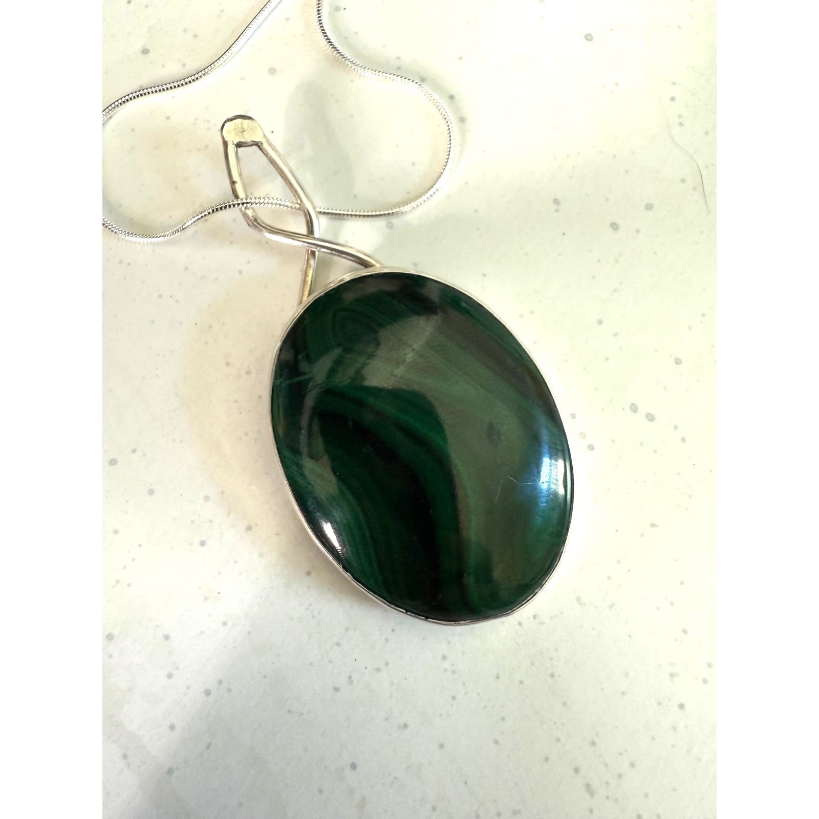 Vintage SS Large Malachite Cabochon Pendant Necklace
