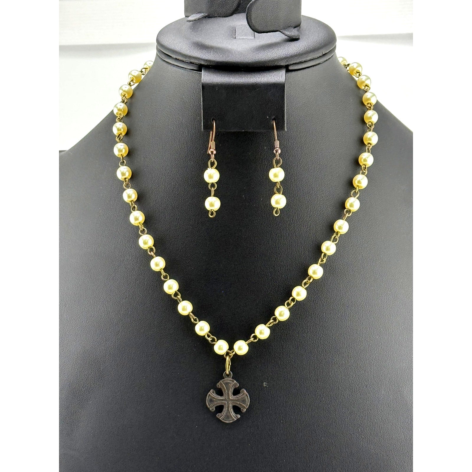 Native American Rosary Style Chain Pearl Cross Necklace Earrings Set
