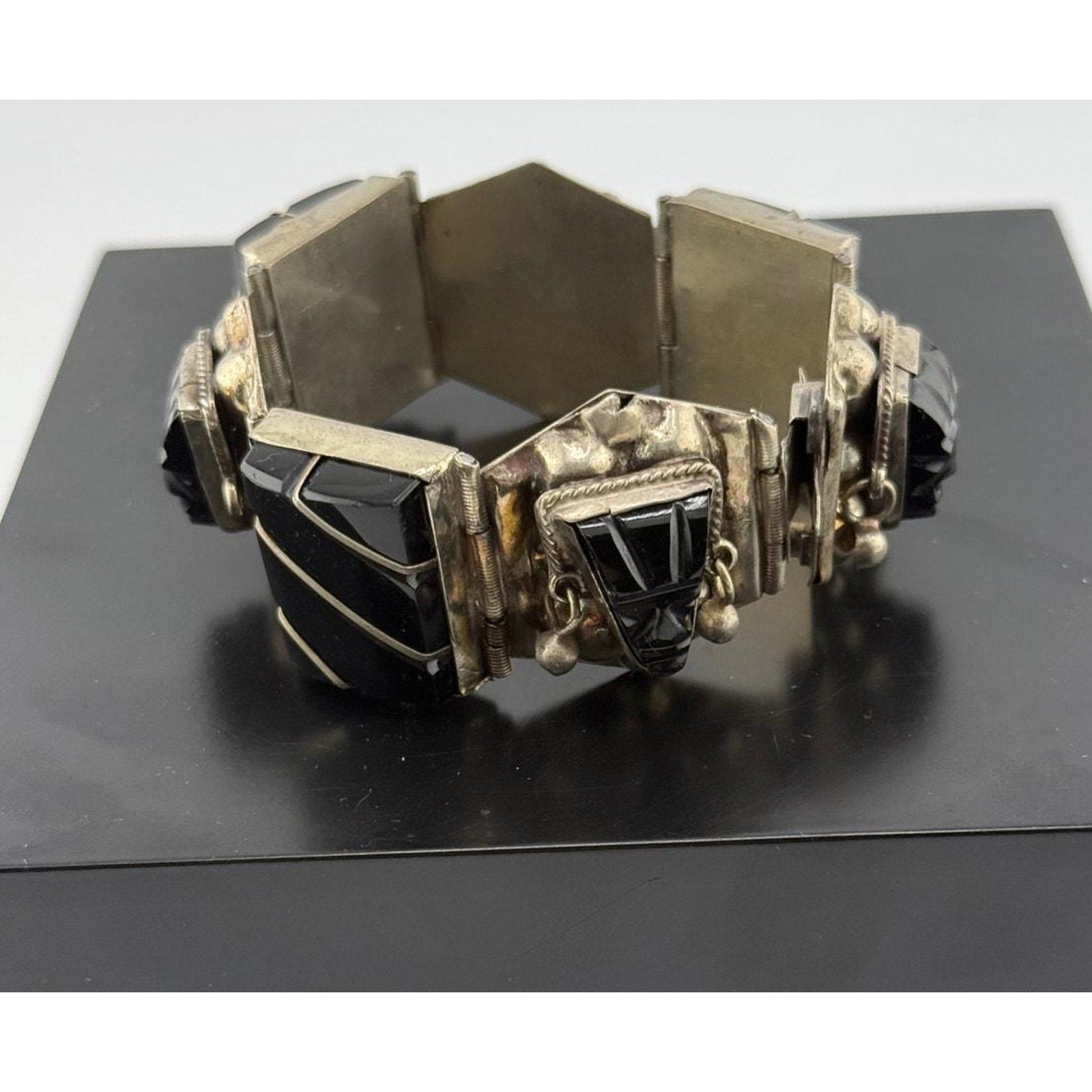 Vintage 925 Sterling Silver Mexico Taxco Warrior Onyx Bracelet