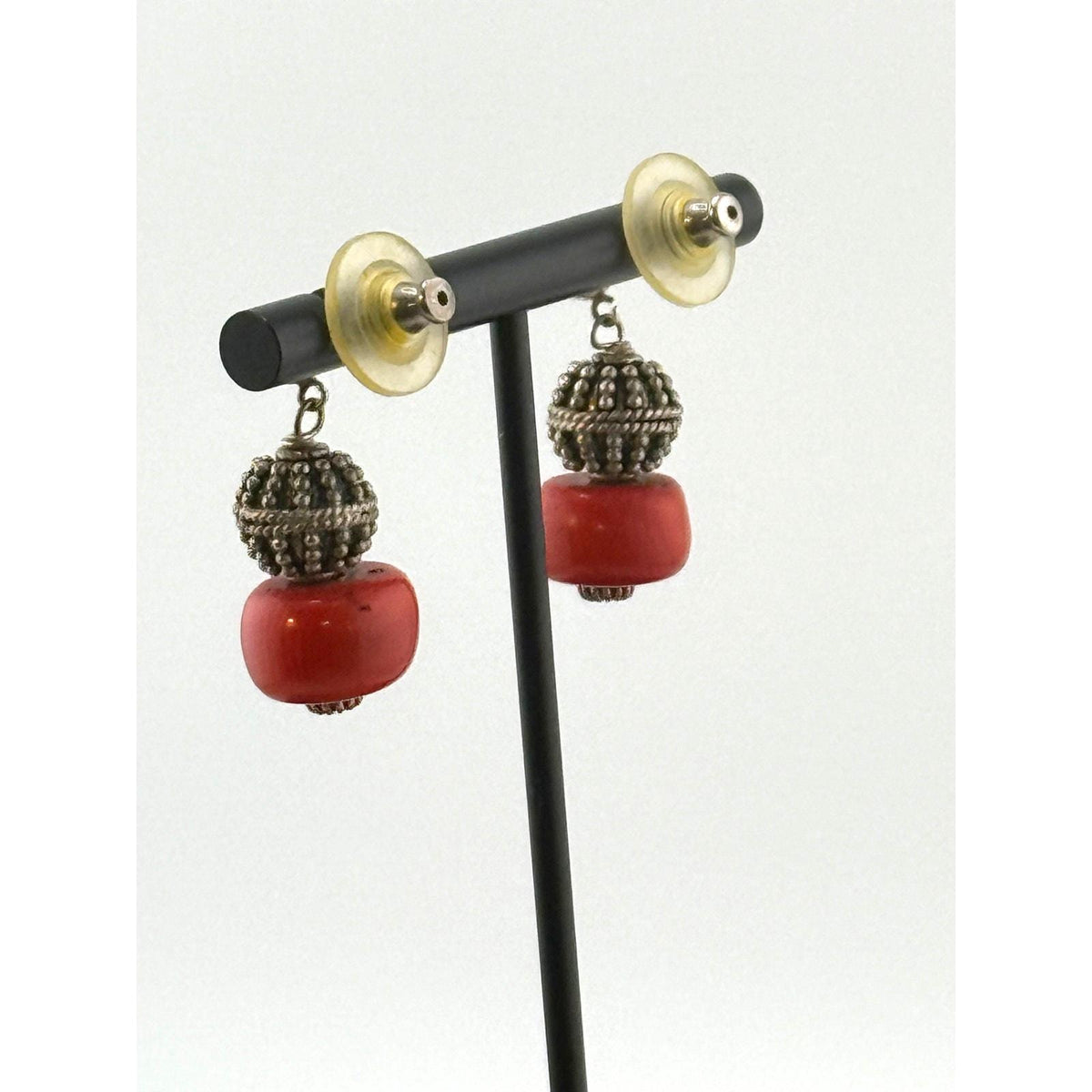 Vintage Red Coral 925 Sterling Dangle Earrings