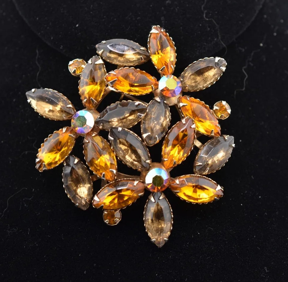Vintage Topaz Glass and Aurora Borealis Gems 1960's Brooch