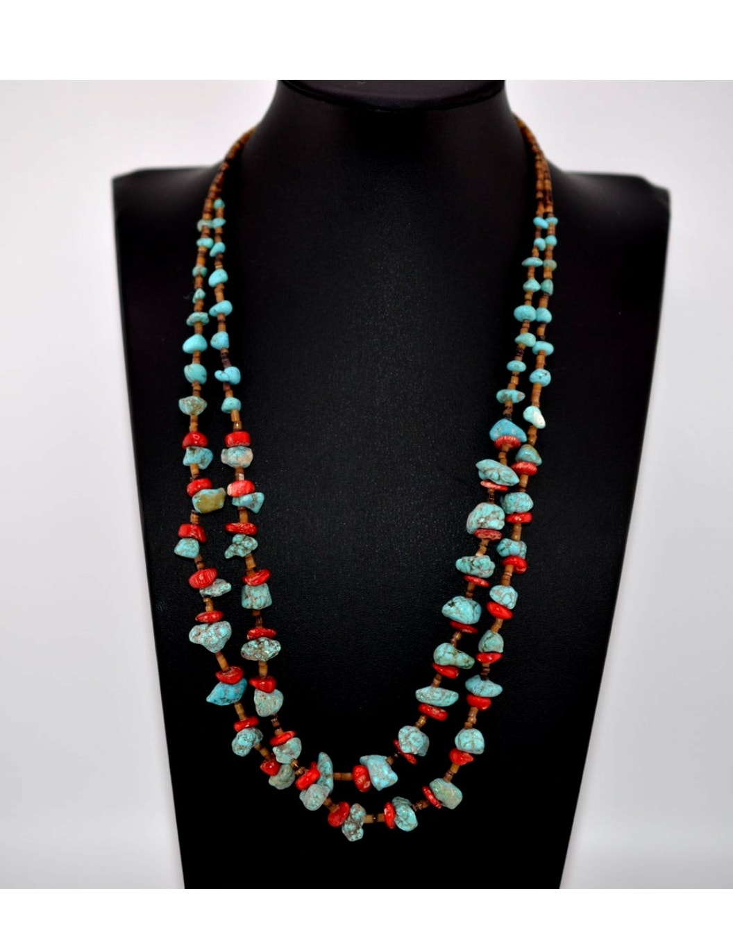 Mary W Roanhouse Navajo 2-Strand Oyster Shell Heishi Turquoise Coral Necklace