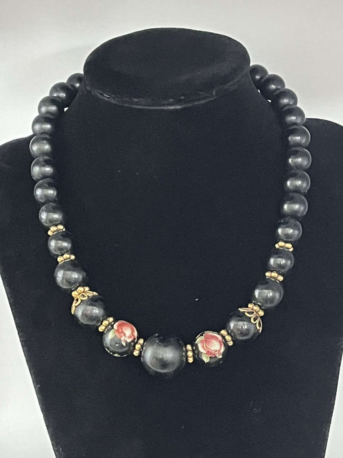 Black Plastic Bead Cloisonne Necklace with Gold Beads