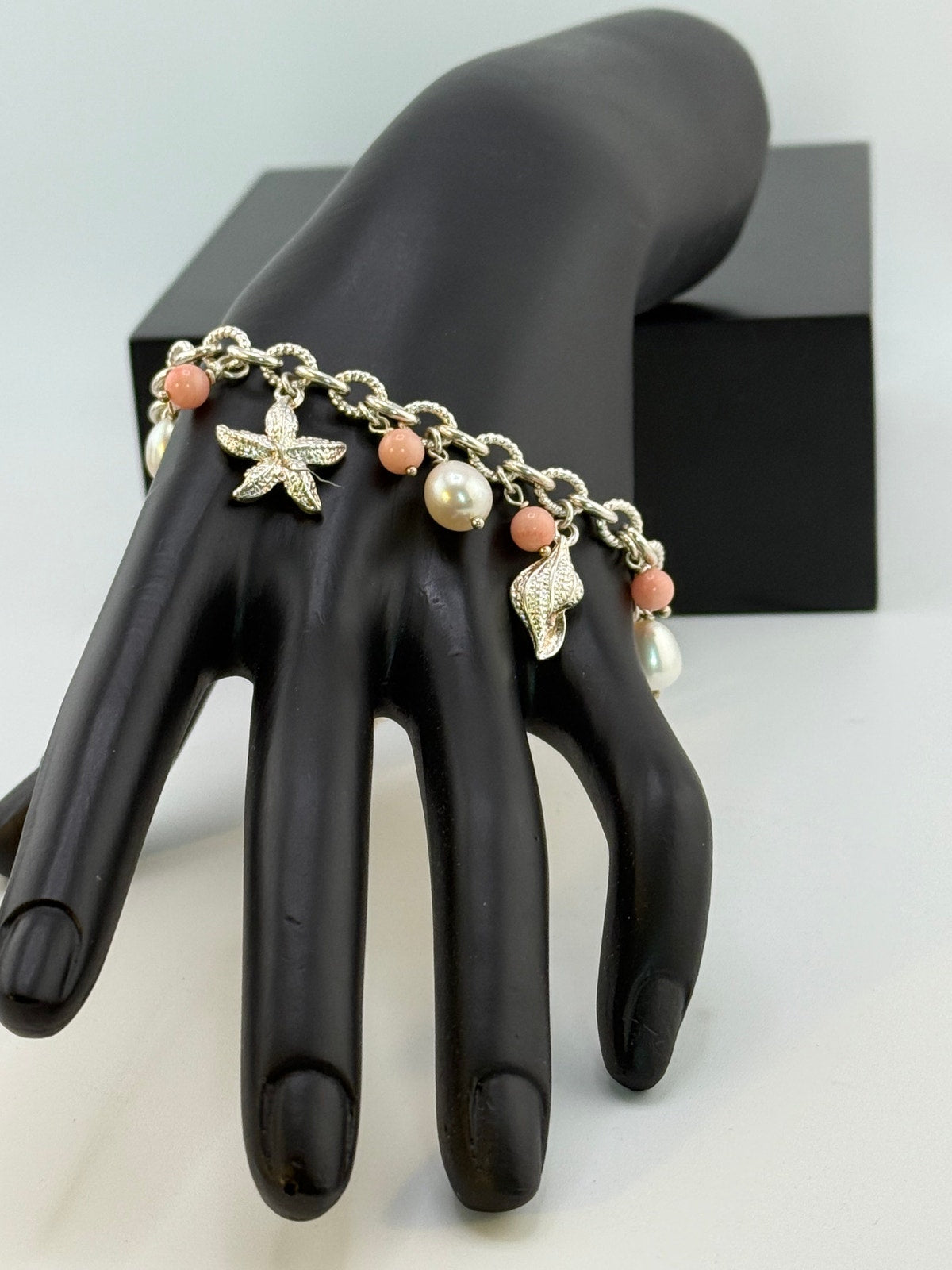 Milor Italy 925 Sterling Silver Coral and Pearl Charm Bracelet