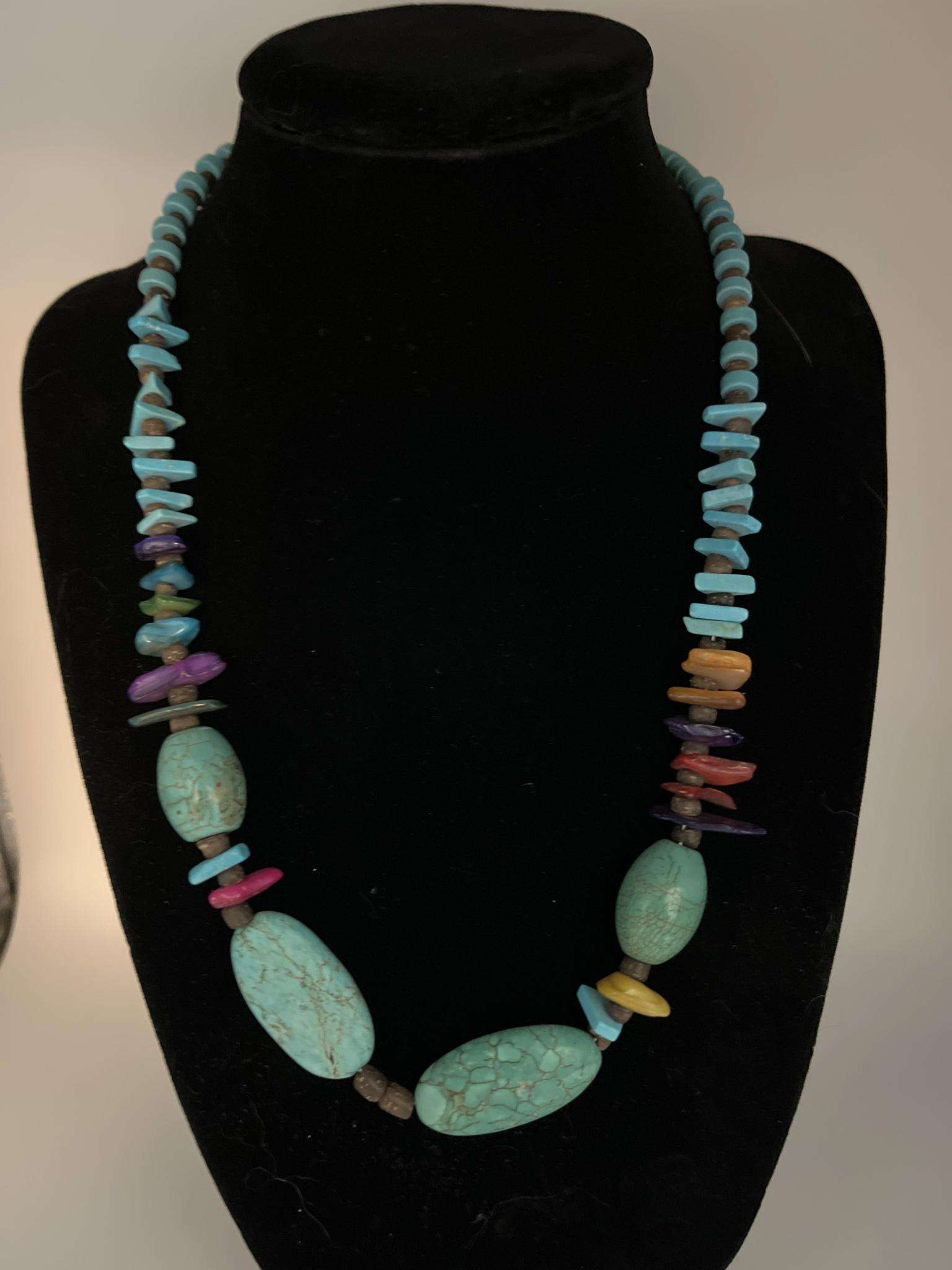 Native American Turquoise, Coconut and Seashell 18 inch Necklace