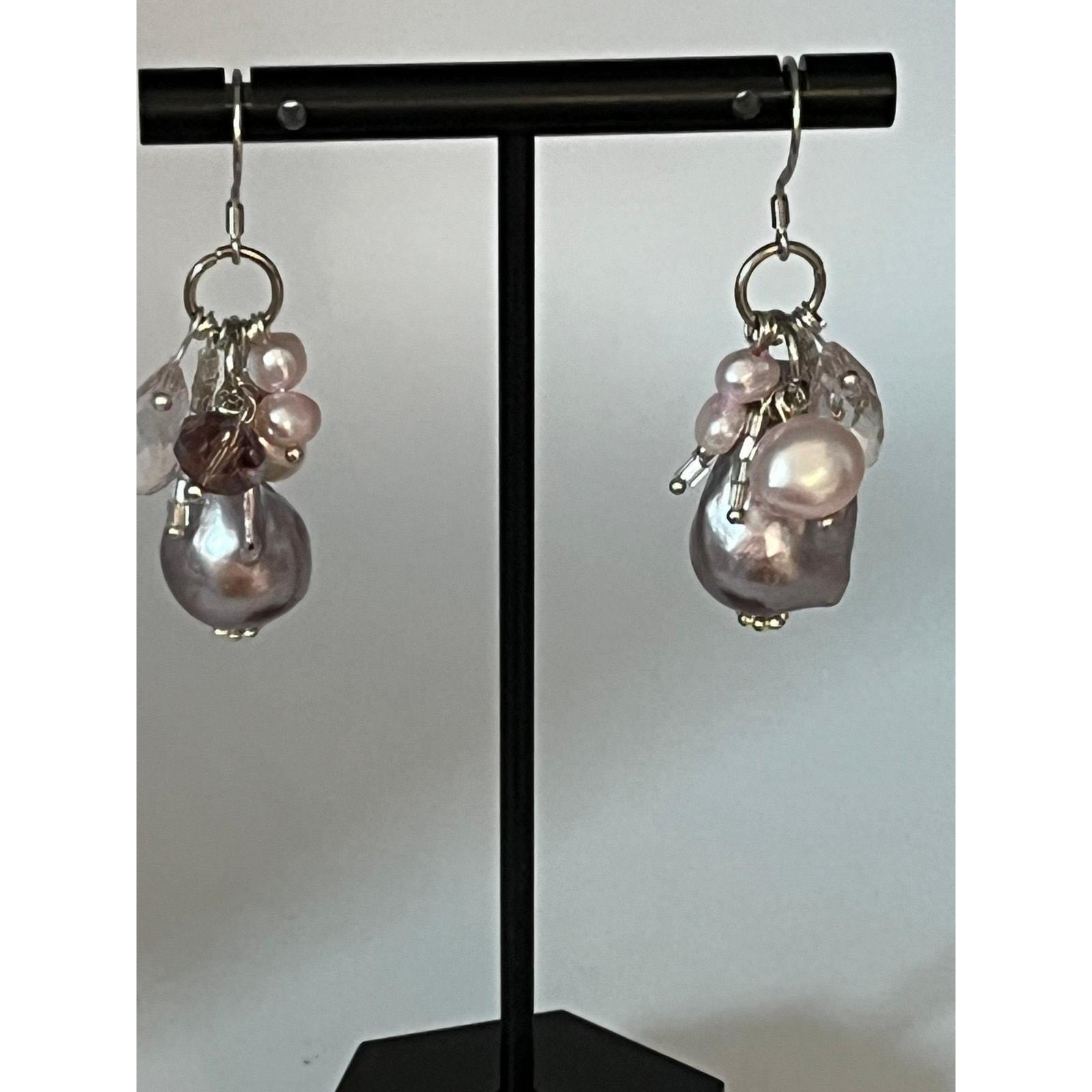 Cultured pink, lavender pearls, faceted beads briolettes sterling silver hooks