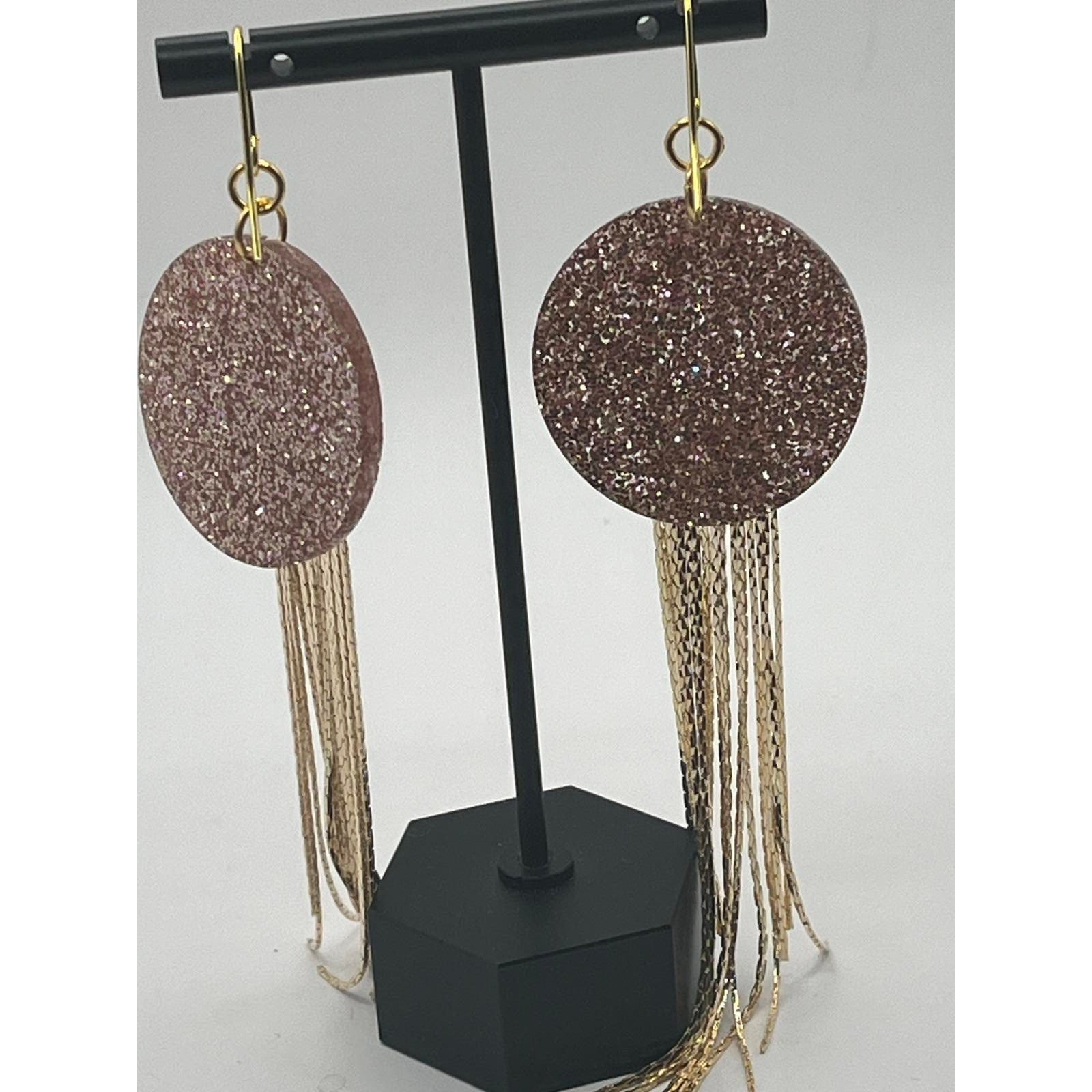 18K Gold Glamour Fringe Earrings: Champagne Pink Glitter