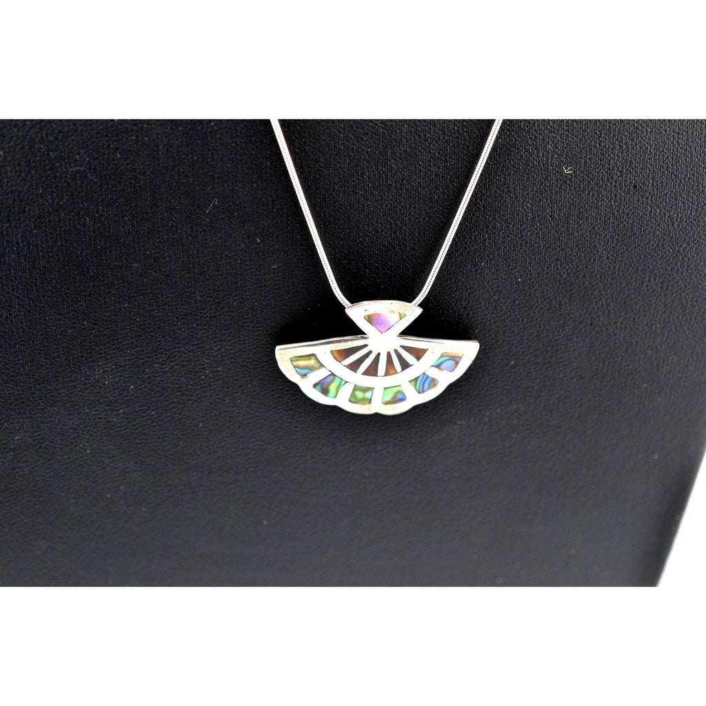 Vintage 925 Sterling Silver Taxco Mexico Abalone Fan Pendant 20" Necklace