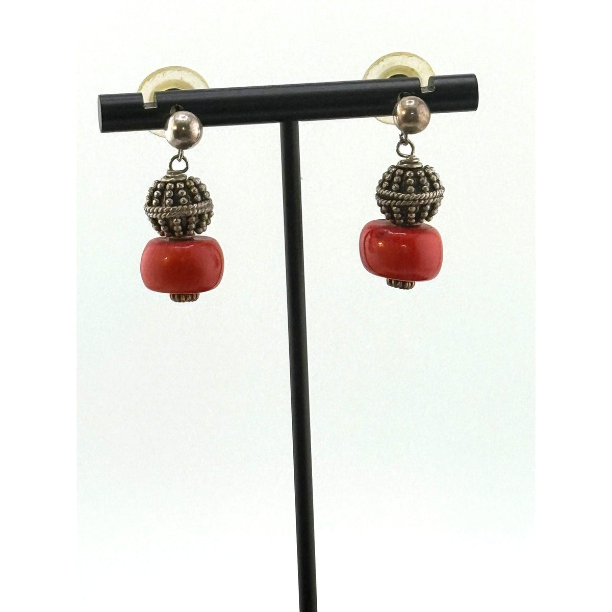 Vintage Red Coral 925 Sterling Dangle Earrings