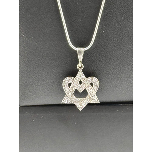 925 SS Diamond Heart Shaped Star of David Pendant Necklace