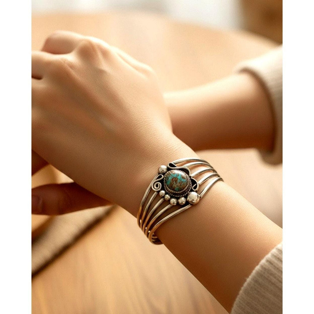 Navajo Ray Nez Sterling Silver Turquoise Cabochon Cuff Bracelet