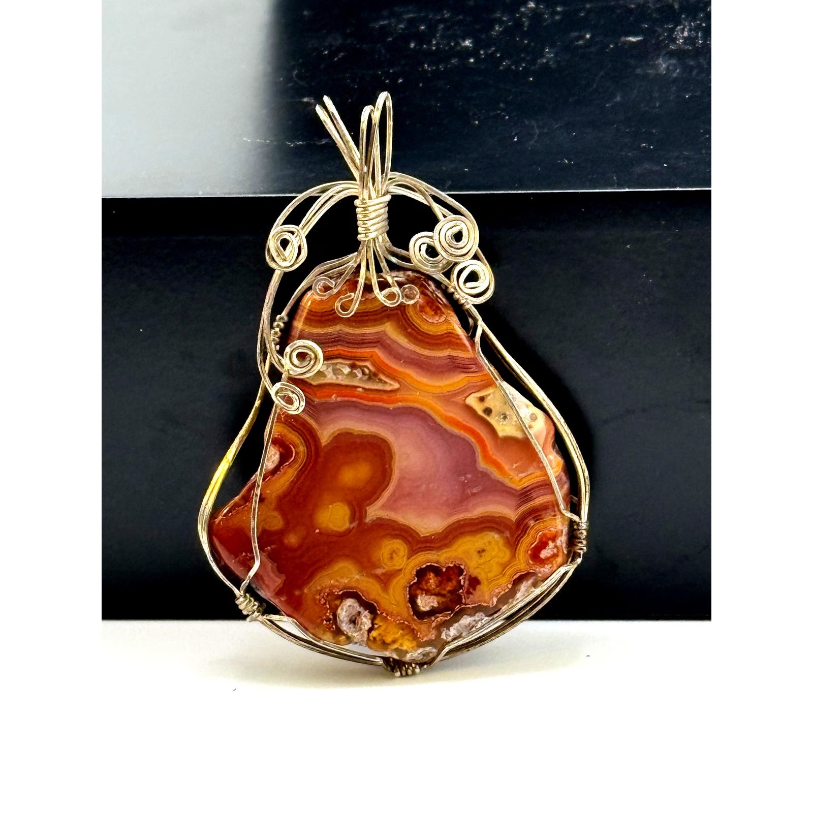 Vintage Sterling Silver Wire Wrapped Crazy Lace Agate Pendant