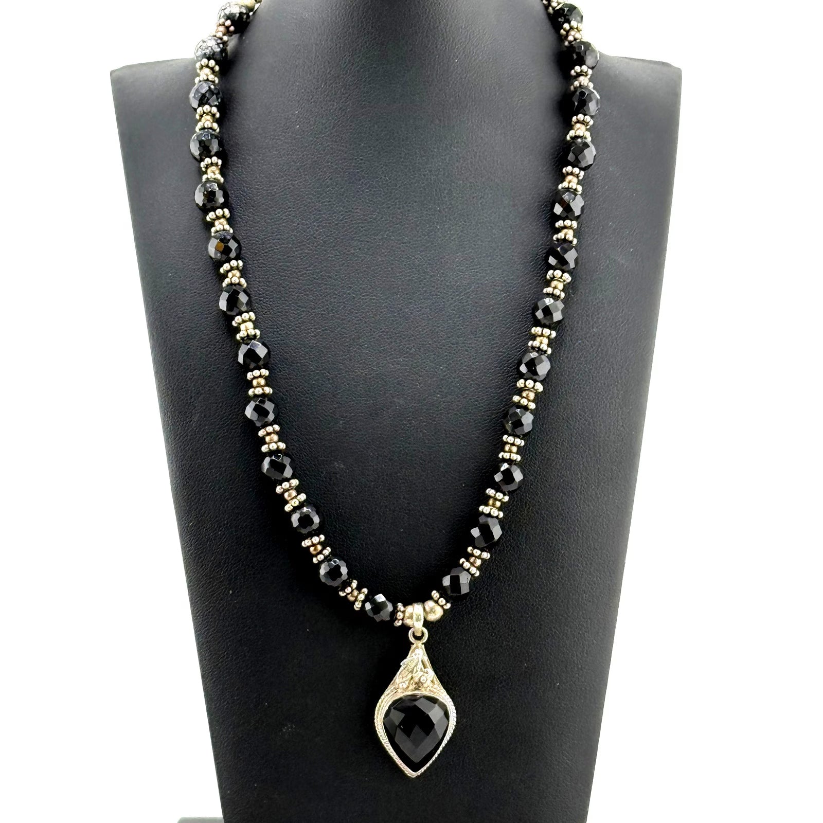 Vintage Sterling Silver Onyx Beaded Pendant Necklace