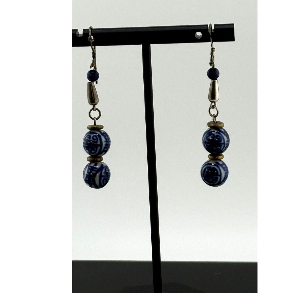 Vintage Asian Blue Ceramic Sterling Silver Dangle Earrings