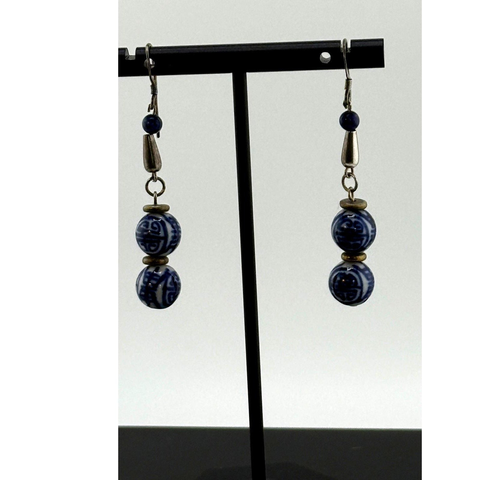 Vintage Asian Blue Ceramic Sterling Silver Dangle Earrings
