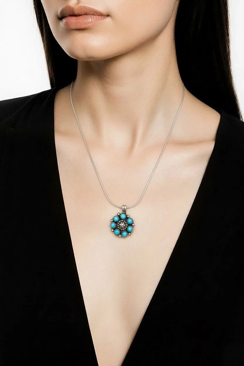 Navajo Signed Fred Baca Silver Turquoise Cluster Pendant Necklace