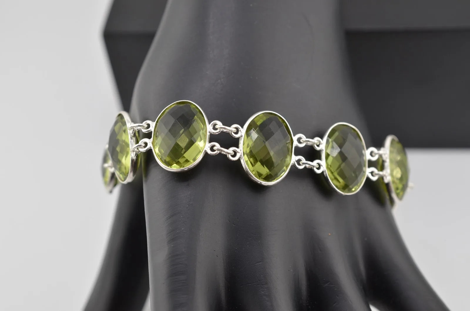 Faceted Light Green Glass Silver Tone Bracelet