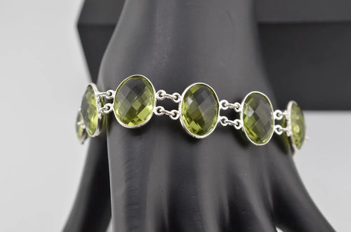 Faceted Light Green Glass Silver Tone Bracelet
