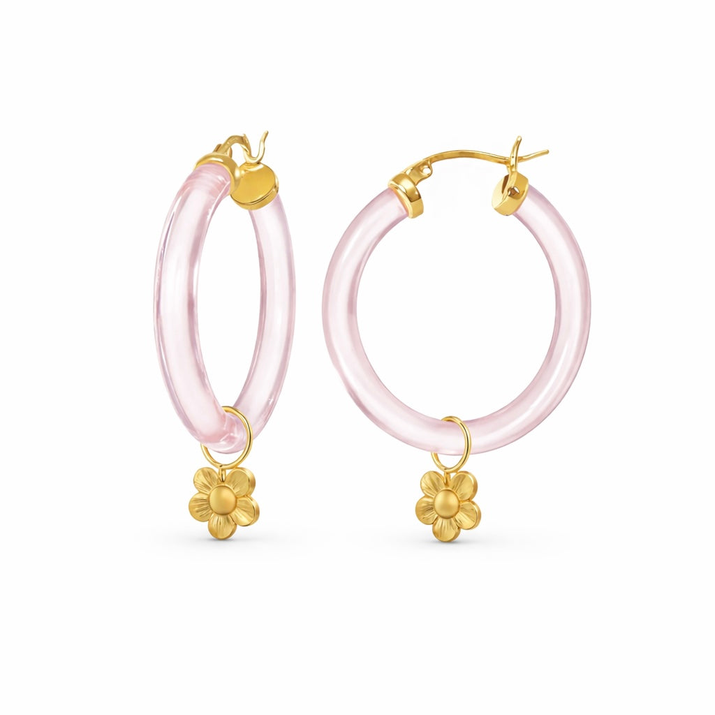 Gold & Honey Flower Charm Lucite Hoop Earrings