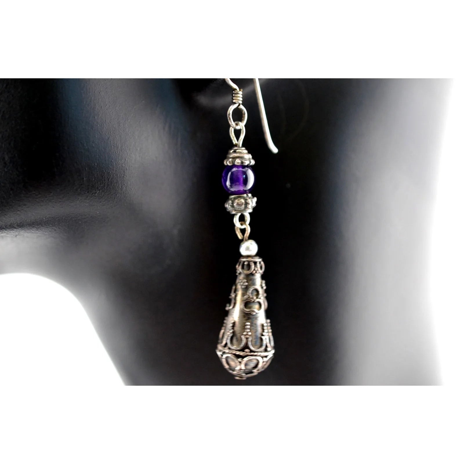 Vintage Sterling Silver Marcasite Amethyst Dangle Earrings