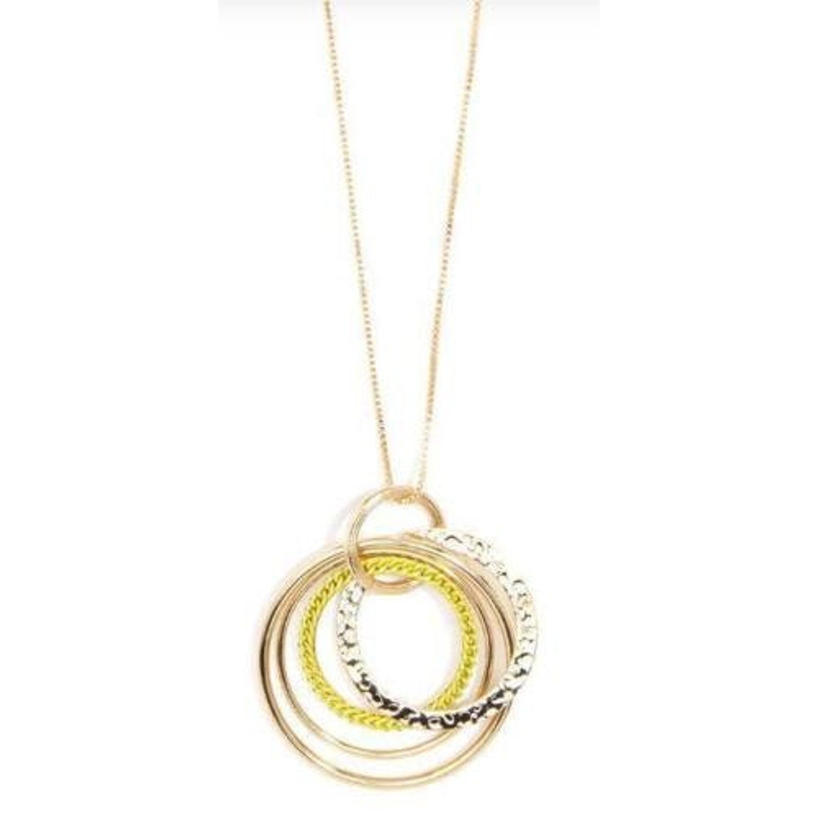 Shiny Metal Long Necklace with hammered and painted metal ring pendant - Peach