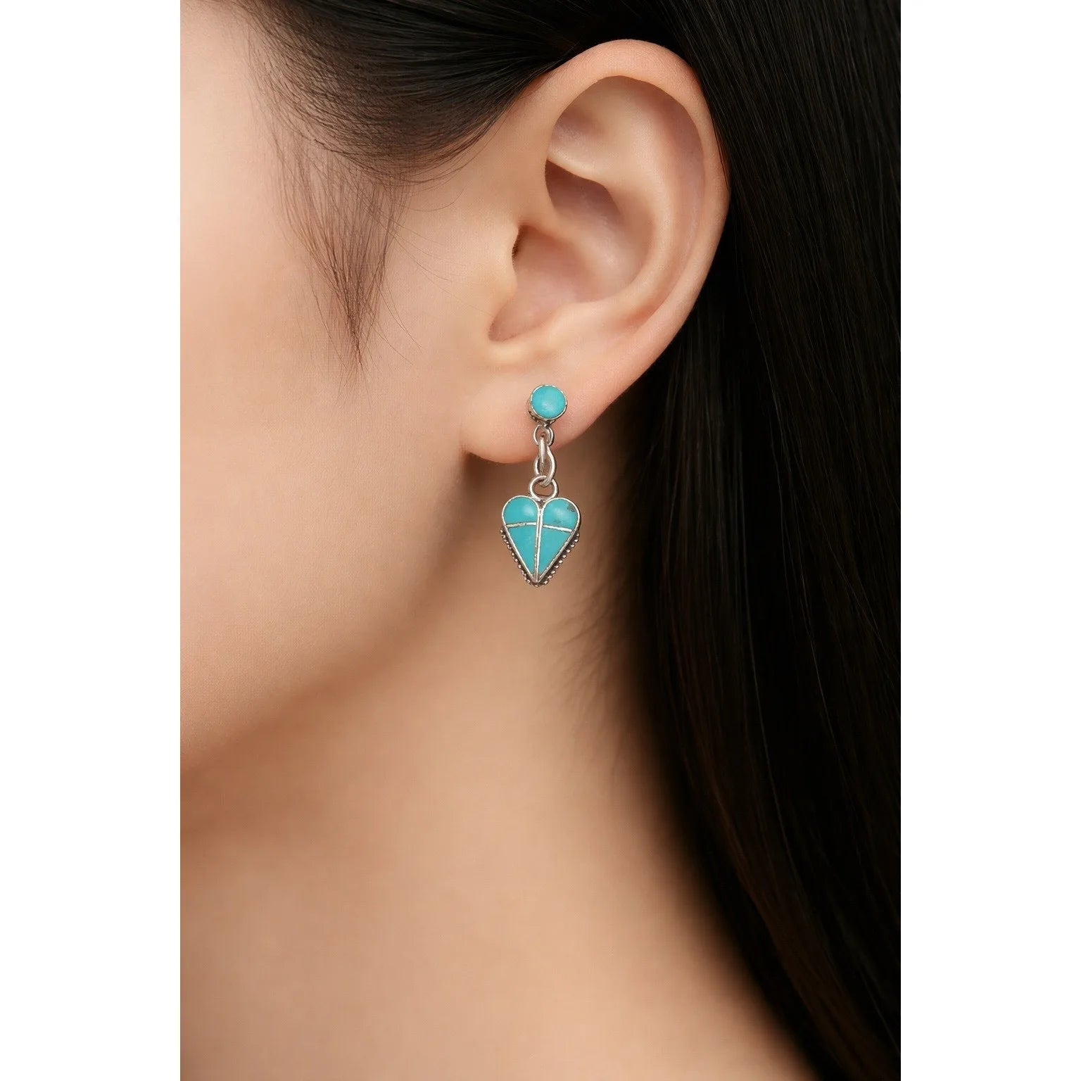 Zuni Velda Natascio Sterling Silver Kingman Turquoise Heart Post/Dangling Earrings