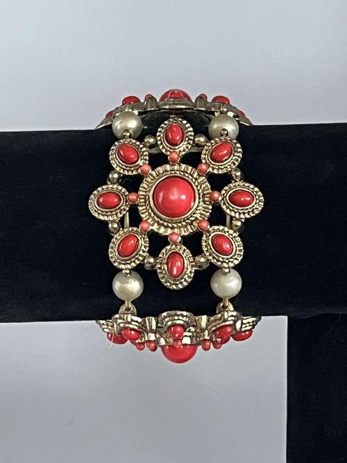 Delightful Carnelian and "Gold" Indian Style Expandable Cuff Bracelet - Costume Jewelry
