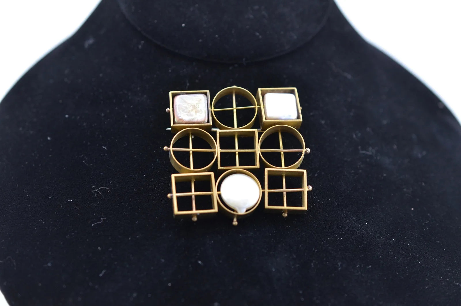 Vintage Brass Geometric Art Deco Brooch with Baroque Pearls