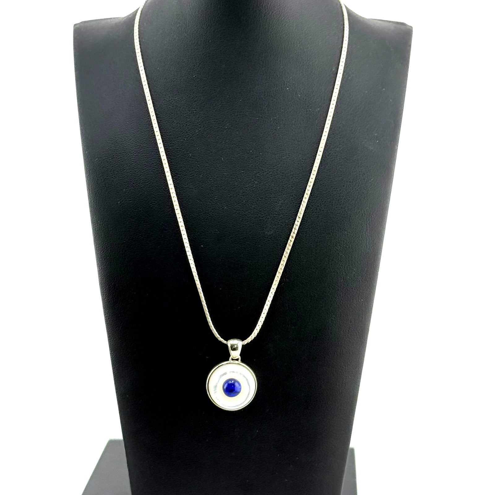 Vintage 925 Sterling Silver MOP Lapis Lazuli Evil Eye Pendant Necklace