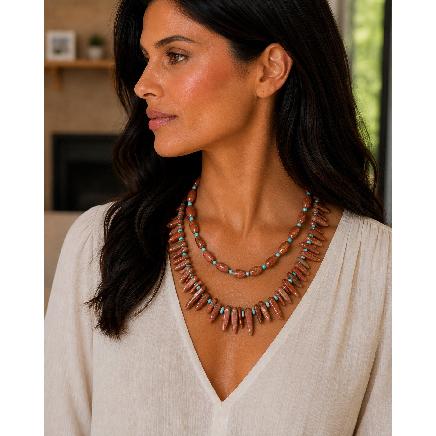 Navajo Mary W Roanhorse 'Chaco Sun Dagger' 2 Sunstone Necklace Set