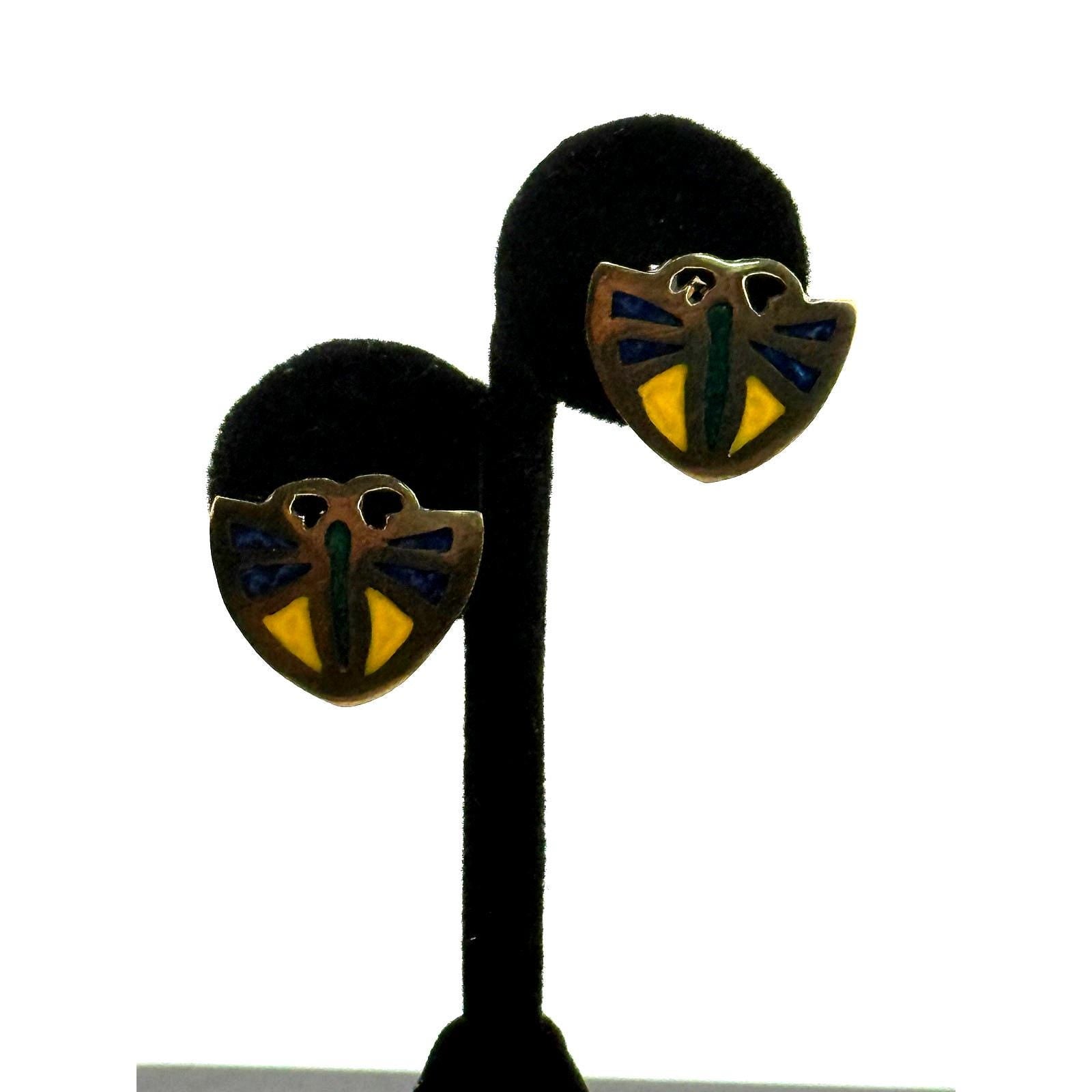 Rare Vintage Alpaca Mexico Inlaid Butterfly Clip on Earrings