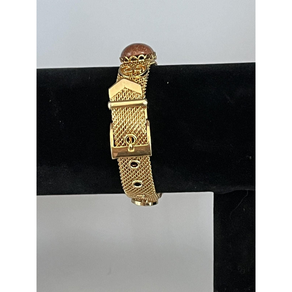 Vintage Gold Tone Mesh Buckle Bracelet with Sparkling Brown Glass Cabochons 7"