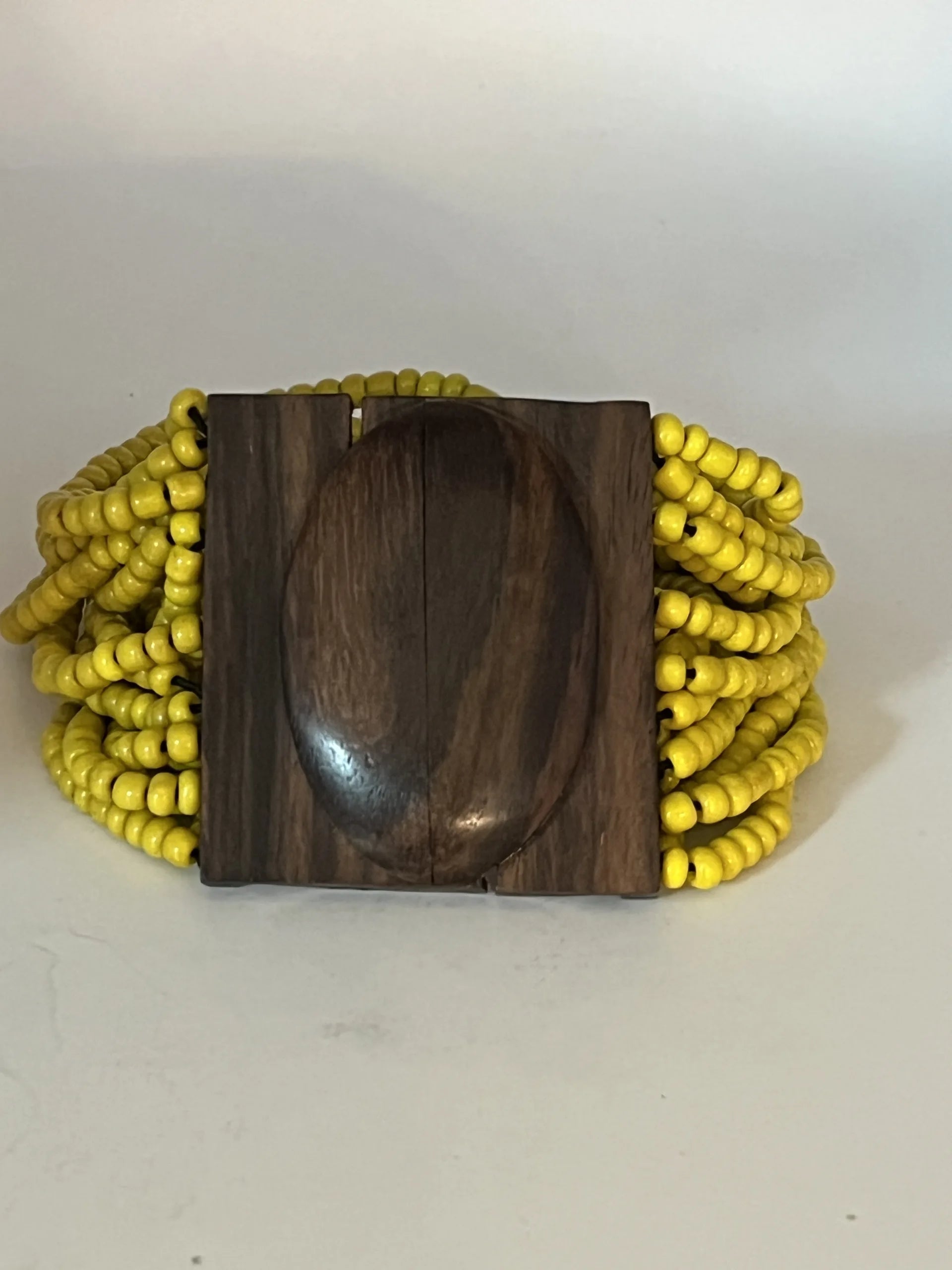Handmade Yellow Seed Bead Wood Latched Bracelet