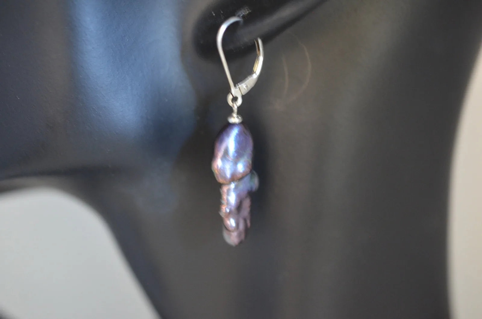 Vintage 925 Sterling Silver Black Baroque Pearl Dangle Wire Earrings